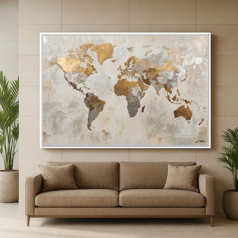 Quadro Mapa Mundi Texturas Nobres Dourado com Cinza 123x83