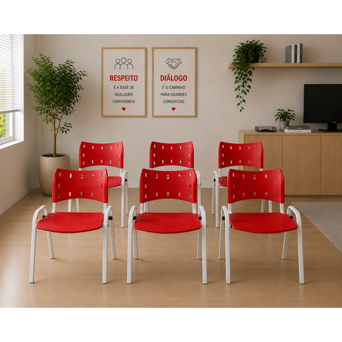 Conjunto 6 Cadeiras Ecomhome ISO Vermelhas para Escritório Consultório Coworking Base Branca