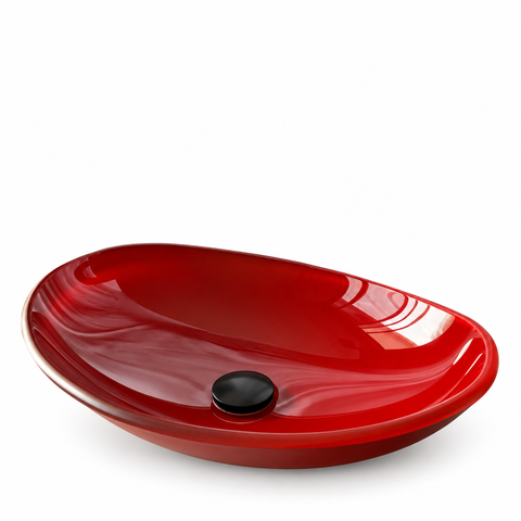 Cuba de Apoio para Banheiro e Lavabo Formato Canoa 43x28cm Vermelha Borda Vidro 10mm para Bancada