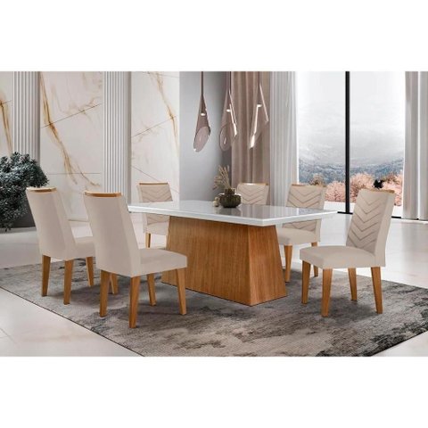 Sala de Jantar Completa Luna C- Tampo de Vidro Canto Curvo 180x90cm e 6 Cadeiras Londrina Imbuia-off