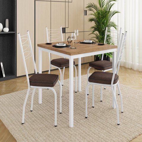 Conjunto Sala de Jantar Mesa Quadrada 90cm Tampo BP com 4 Cadeiras Adriana Branco/Madeira Imbuia/Demolição