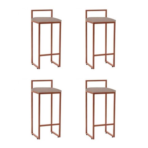 Kit 4 Banquetas Industrial Premium Alta Bar Cozinha Bistrô em Aço Dori Cobre Assento Suede Bege