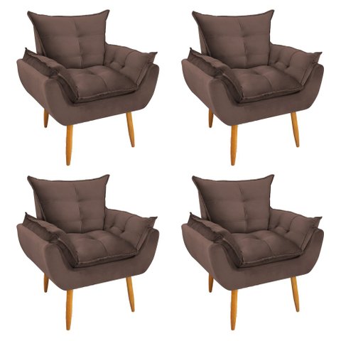 Kit 4 Poltronas Decorativa Opala Pés Palito Veludo Marrom Chamby Móveis