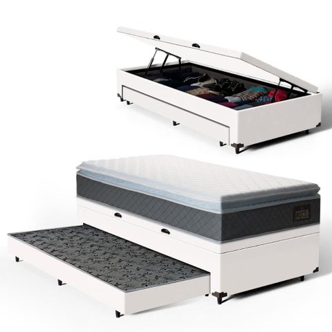 Cama Box Baú com Colchão de Espuma D45 Pillow Top Fort Comfort + Auxiliar Unique Solteiro 88cm