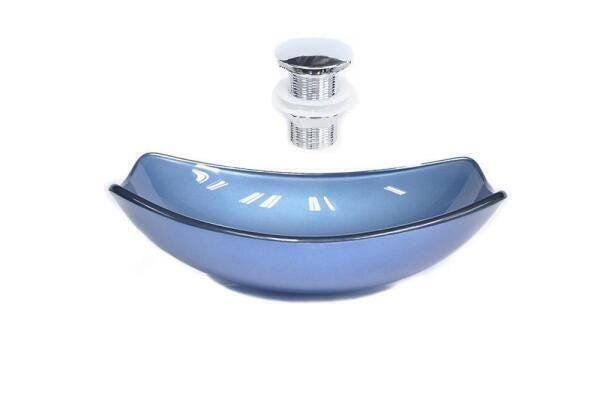 Cuba De Vidro Oval Chanfrada 51Cm Azul + Valvula Click - 1