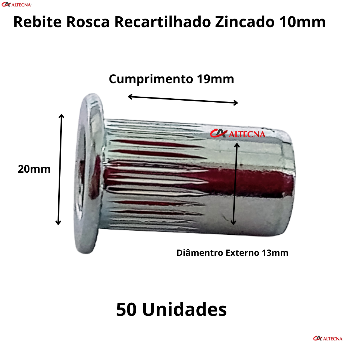 Rebite Rosca Recartilhado Cabeça Plana M10 Zincado 50 Peças - 4