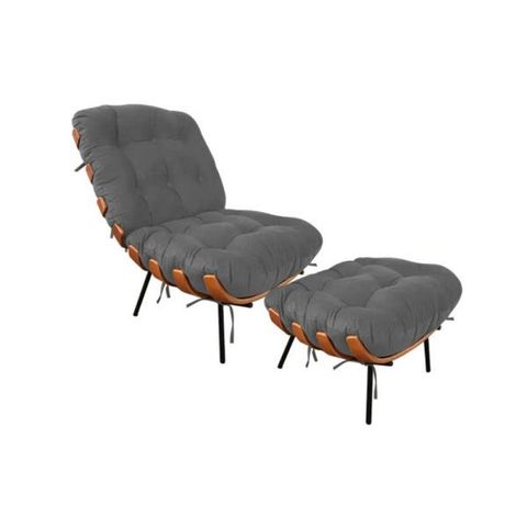 Poltrona com Puff Costela Suede Grafite Base Metal Vallisa Decor
