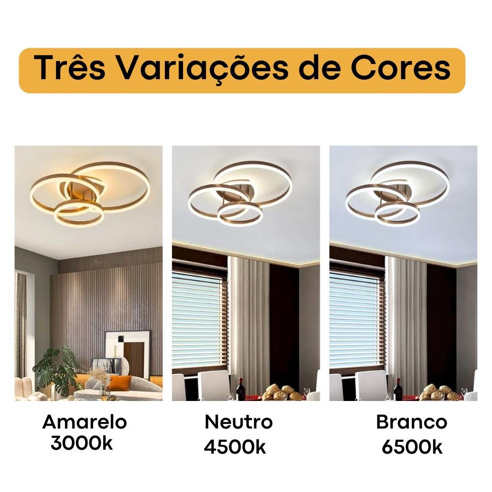 Lustre de Teto Led 45w Aneís Pendente 3 Cores em 1 Circles Dourado - 3