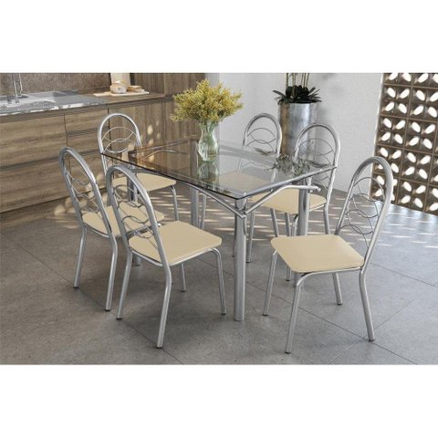 Sala de Jantar Completa Elba c/ Tampo Vidro 120cm + 6 Cadeiras Holanda Cromado/Courano Nude -