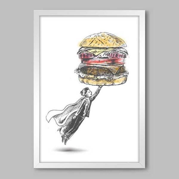 Quadro Cozinha Hamburger Hero - 60x40cm - Moldura Padrão Branco - 1