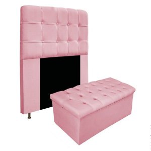 Kit Cabeceira e Calçadeira Baú Estofada Mel 90 cm Solteiro Com Botonê Suede Rosa Bebê - Doce