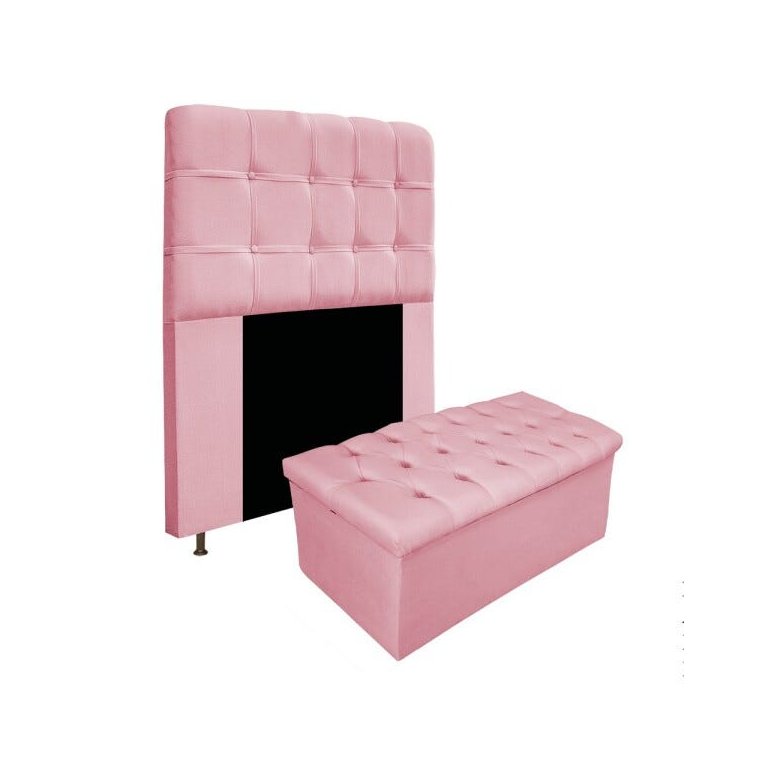 Kit Cabeceira e Calçadeira Baú Estofada Mel 90 cm Solteiro Com Botonê Suede Rosa Bebê - Doce Kit Cabeceira e Calçadeira Baú Estofada Mel 90 cm Solteiro Com Botonê Suede Rosa Bebê - Doce