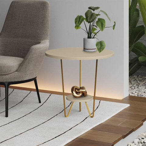 Mesa Lateral Redonda Industrial Italy Ferro Dourado e Tampo Off-white