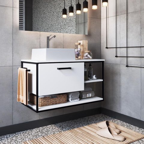 Gabinete para Banheiro Industrial Suspenso 80 cm com 1 Porta e Cuba - Preto/Branco