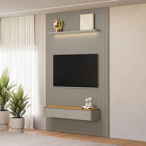 Painel Ripado Modular 180cm Ozero Prateleira MDP/MDF Nicho Arredondado Gris/Tauari Fosco G77 - Gran 