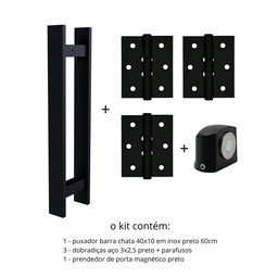 Kit Puxador para Porta 60cm + Dobradiça + Prendedor Porta Preto - 6
