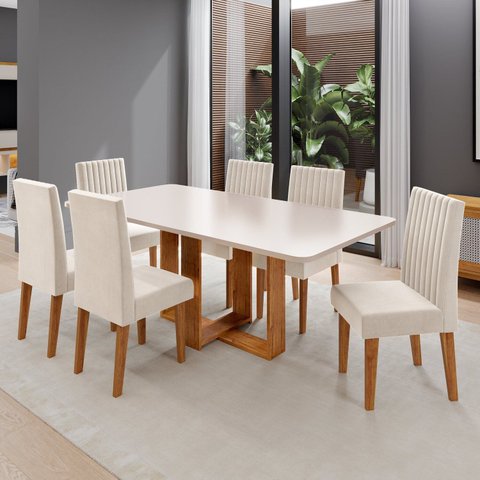 Conjunto Sala de Jantar 6 Lugares Retangular Tampo de MDF Victoria Bege/Mel/Blonde