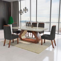 Sala de Jantar 160x80 MDF/Vidro 6 Cadeiras Lottus Bom Pastor - 1