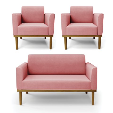 Conjunto 2 Poltronas e 1 Namoradeira Decorativa Isabella Pés Fixo em Madeira Castanho Suede Rose G19