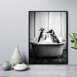 Quadro para Banheiro Casal de Pinguins 45x34cm - com Vidro:madeira Preta - 1