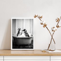 Quadro para Banheiro Casal de Pinguins 45x34cm - com Vidro:madeira Preta - 2