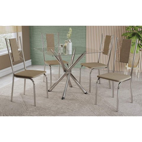 Conjunto Sala de Jantar Mesa com 4 Cadeiras Estofadas Cromado 794 Kappesberg Crome Cromado/capuccino