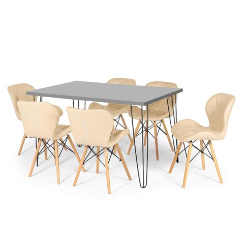 Conjunto Mesa de Jantar Hairpin 130x80 Volpi com 6 Cadeiras Eiffel Slim - Nude