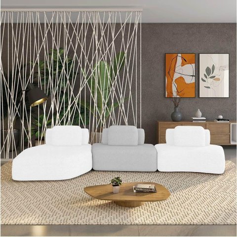 Sofá 3 Lugares Orgânico com Chaise e 2 Módulos Berlim Bouclê Off K01 - D'Rossi Off White-cinza