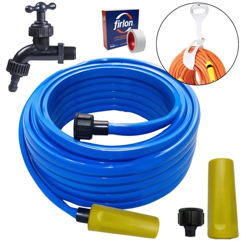 Mangueira de Jardim 10m Metros Reforçada Chata + Suporte Alça Plástica Portátil Cinza + Torneira
