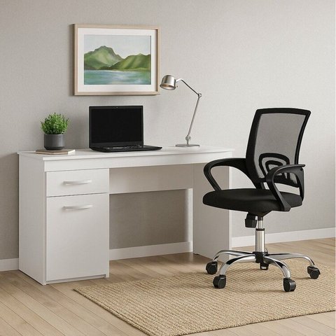 Conjunto 2 Peças Escrivaninha Vitória com Cadeira Escritório Diretor Tela Mesh Tok Branco Preto