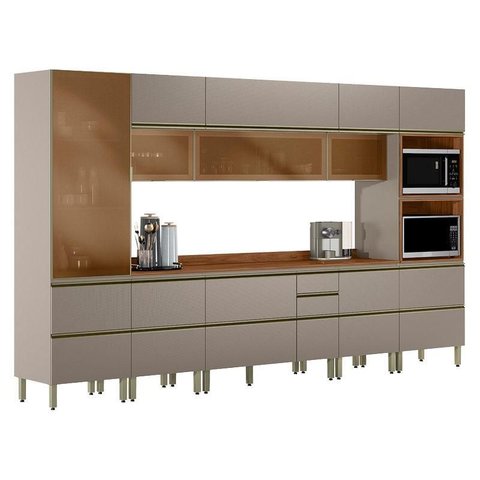 Cozinha Modulada Proença 8 Peças Torre Quente e Cristaleira Nogueira Nude Prime Tx - Demartez