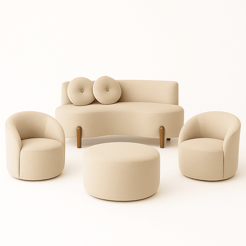 Kit 02 Poltronas Gaia +sofá + Puff Living Decorativo Curvo Orgânico Boucle Bege - Montanaris Decor