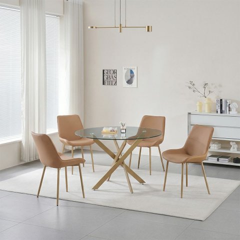 Conjunto Mesa de Jantar Lara 120cm Vidro Redondo Aço Carbono Bronze 4 Cadeiras em PU Caramelo