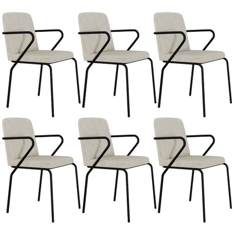 Kit 06 Cadeiras Estofada para Sala de Jantar com Braço Loft Preto C01 Bouclê Vanilla - Lyam Decor