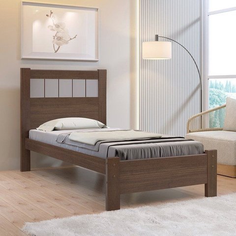 Cama Solteiro Premium Plus 100% MDF Castanho Off White