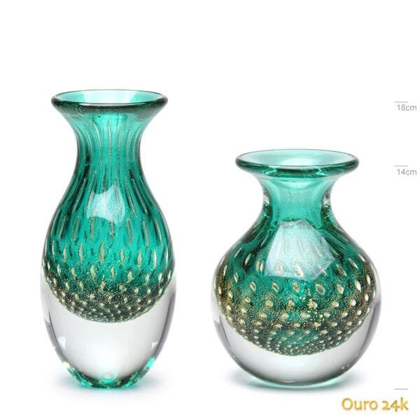 Par de Vasos Mini Tela Verde com Ouro Murano Cristais Cadoro - 1