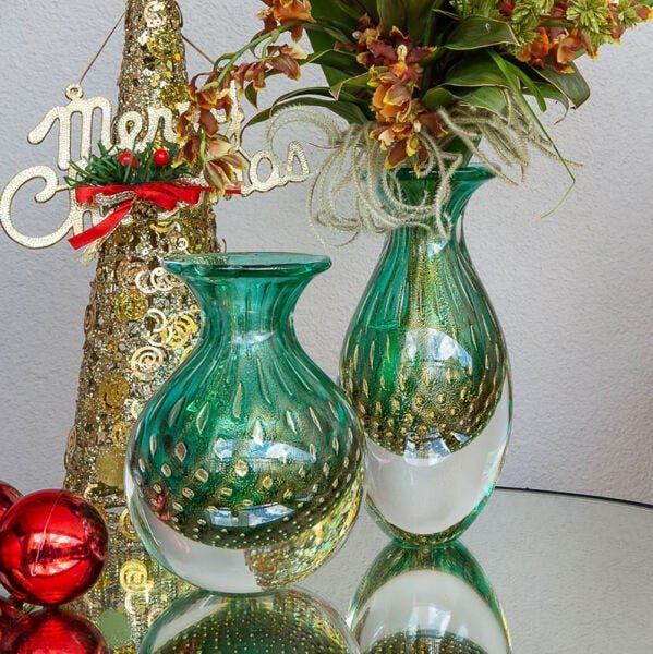 Par de Vasos Mini Tela Verde com Ouro Murano Cristais Cadoro - 5