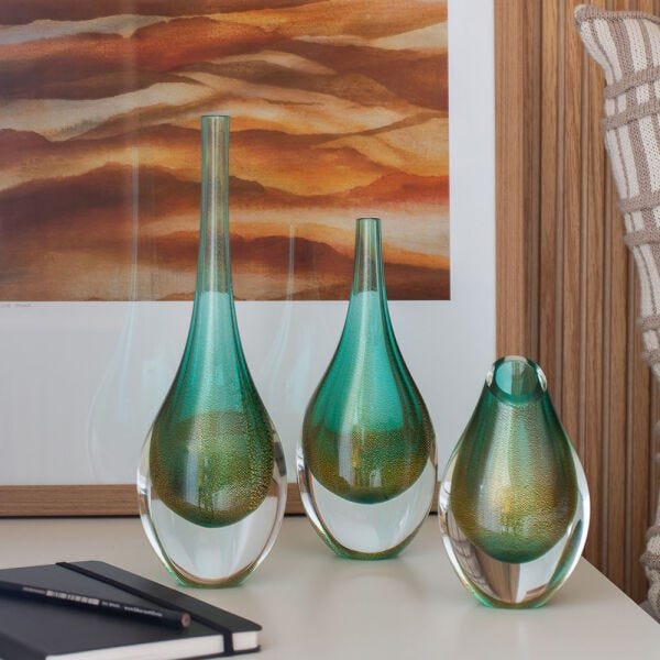 Conjunto 3 Gotas Mini Verde com Ouro Murano Cristais Cadoro - 2