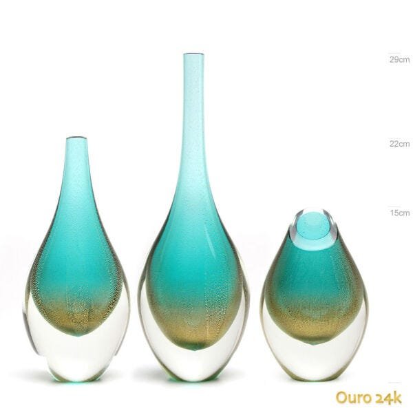 Conjunto 3 Gotas Mini Verde com Ouro Murano Cristais Cadoro - 1