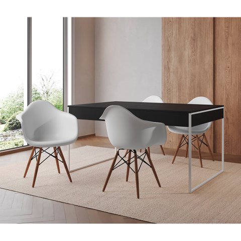 Mesa Jantar Industrial Filadélfia Preta 137x90cm Base Ferro Branco com 4 Poltronas Brancas Eames Eif