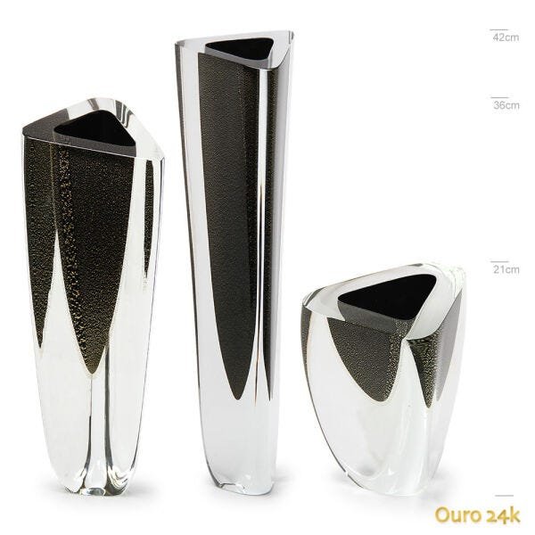 Trio de Vasos Triangulares nº 1, nº 2 e nº 4 Preto com Ouro Murano Cristais Cadoro - 1