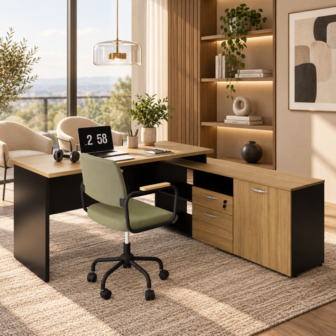 Mesa de Escritório em L Diretor 170x160cm 2 Gavetas 1 Porta Macadâmia/Preto - Gebb Work