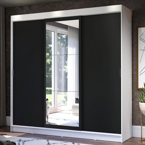 Guarda-Roupa Casal Madesa Istambul 3 Portas de Correr com Espelho 3 Gavetas Branco/Preto Cor:Branco/