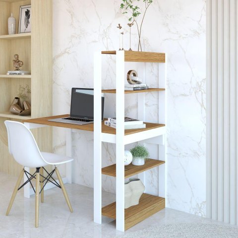 Escrivaninha com Estante Many Freijó e Branco
