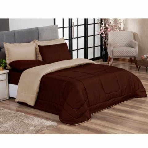 Edredom Queen Marrom e Bege + Jogo de Lençol 06 peças Aconchego Dupla Face Casa Dona