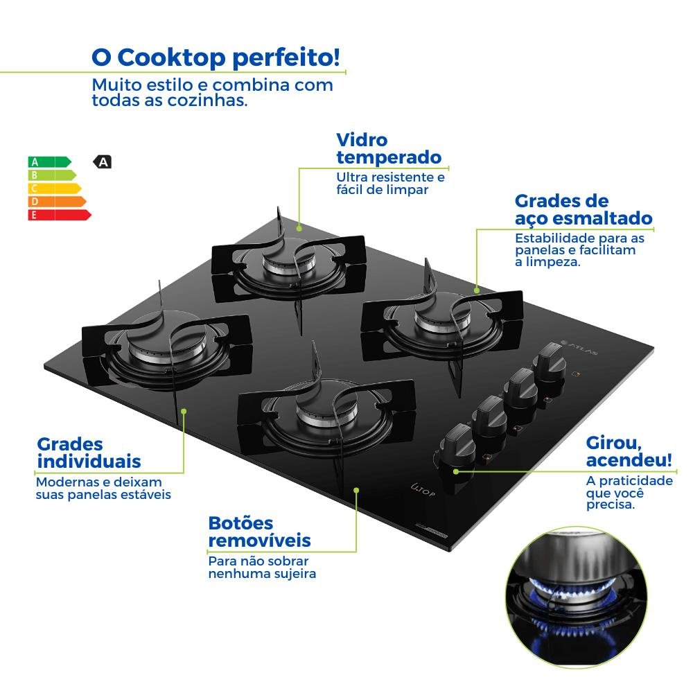 Fogão 4 Bocas Embutir Cooktop Mega Chama Elétrico Atlas - 4