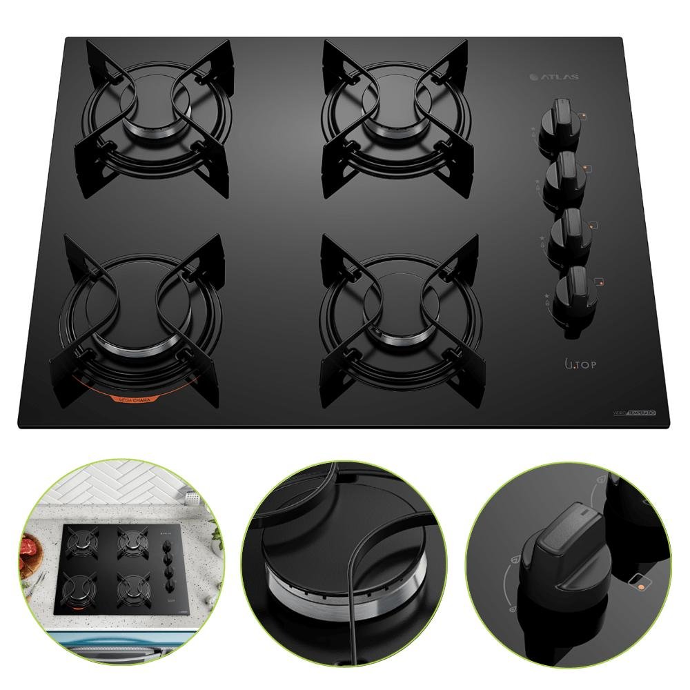 Fogão 4 Bocas Embutir Cooktop Mega Chama Elétrico Atlas - 2