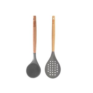 Kit 2 Utensílios Espumadeira Concha Bambu Silicone