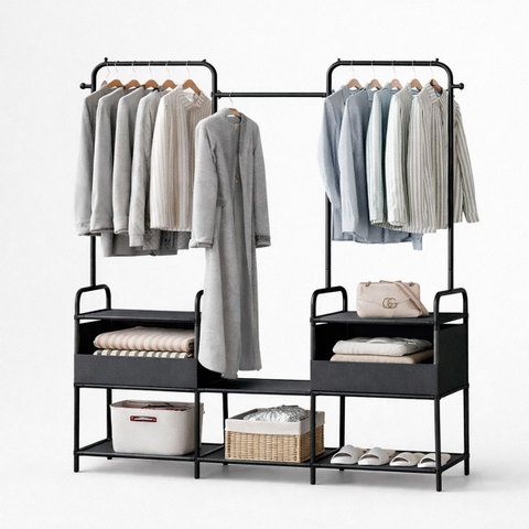 Arara Cabideiro Metal com Divisórias e Prateleiras Preto Dy-2mg