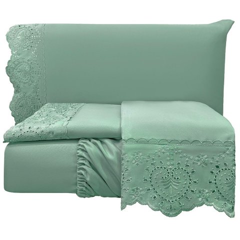 Jogo de Cama Lençol Queen Nupcial Percal 300 Fios 4 Peças - Verde